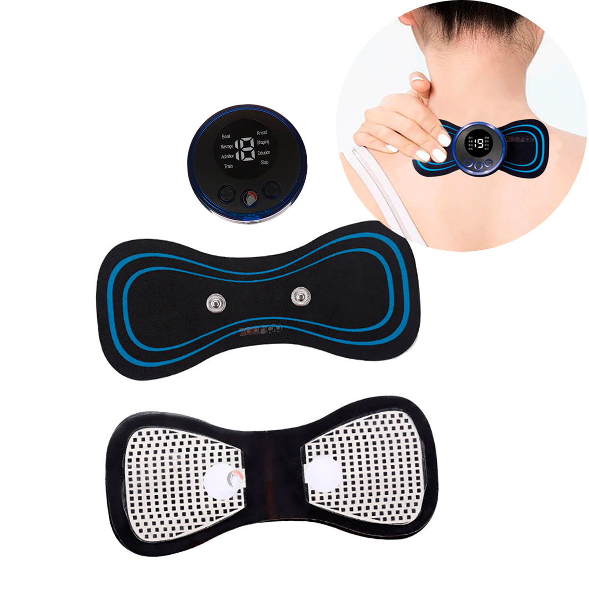 Masajeador EMS portátil con almohadillas y cable USB